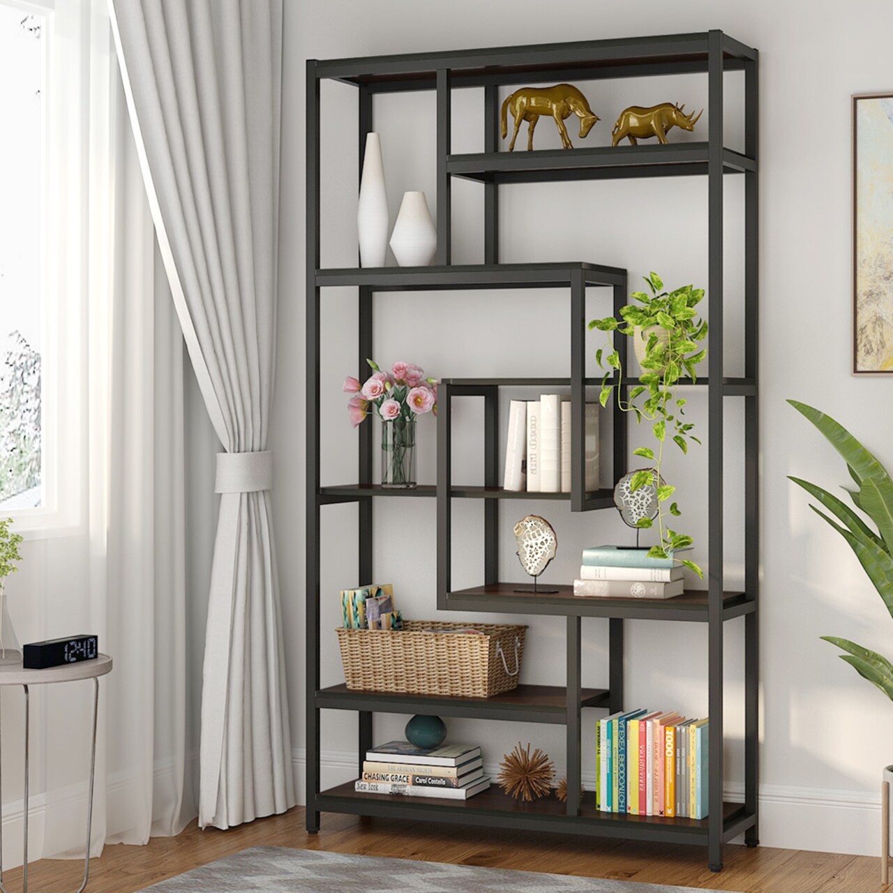 Tribesigns 8-Shelves Staggered Bookshelf Rustic Industrial Etagere Bookcase